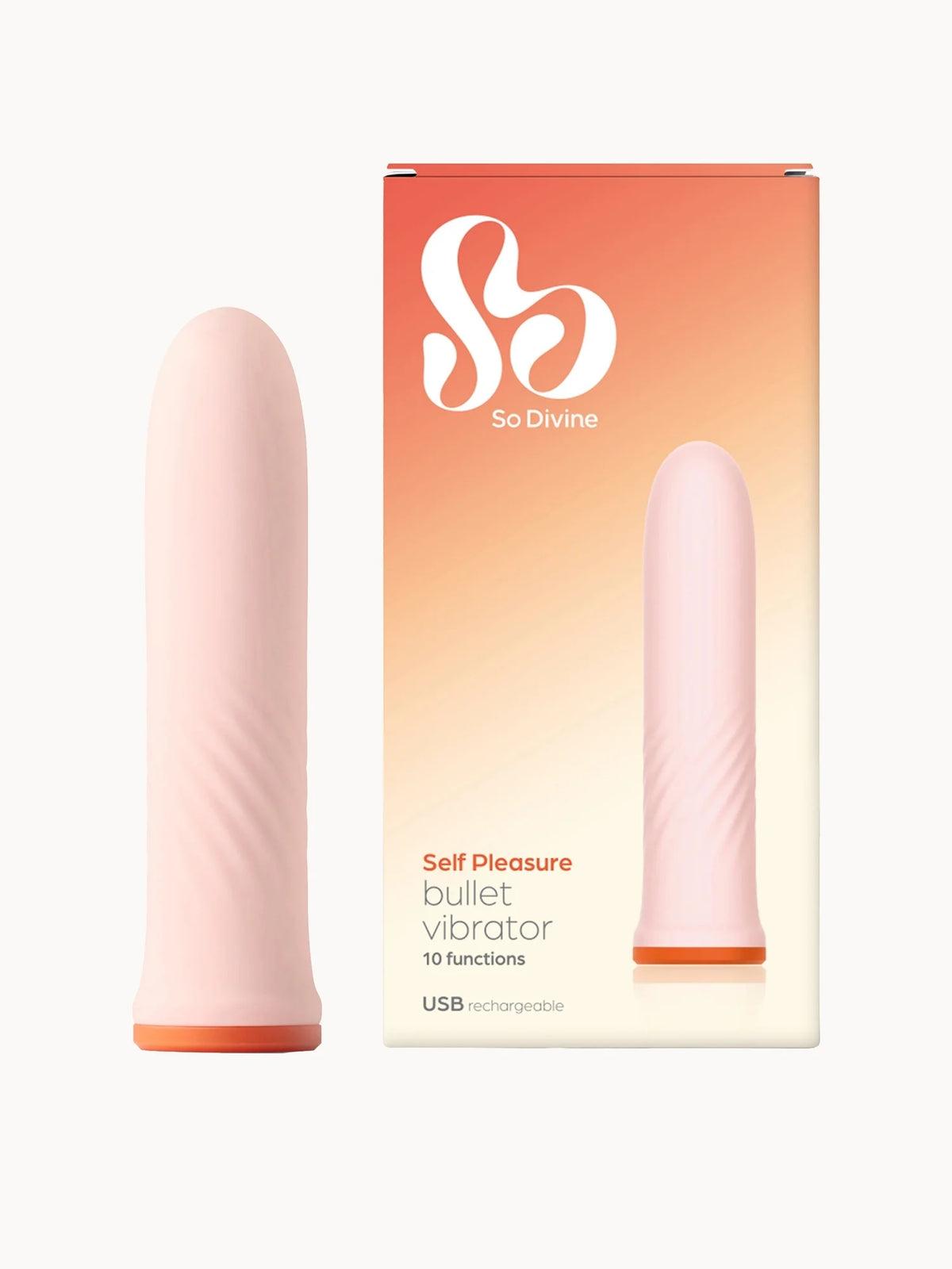 So Divine Self Pleasure Rechargeable Bullet Vibrator, sleek rose-gold bullet-shaped device with USB charging point