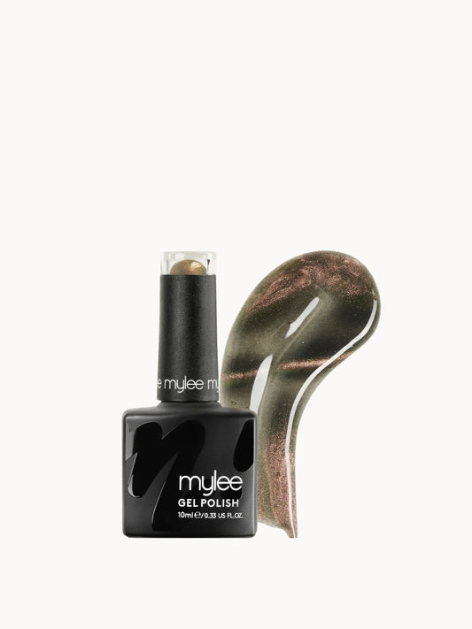Mylee Cat Eye Gel Nail Polish - Spell, small glass gel polish bottle with black cap and Mylee branding, holding golden-brown shimmer gel