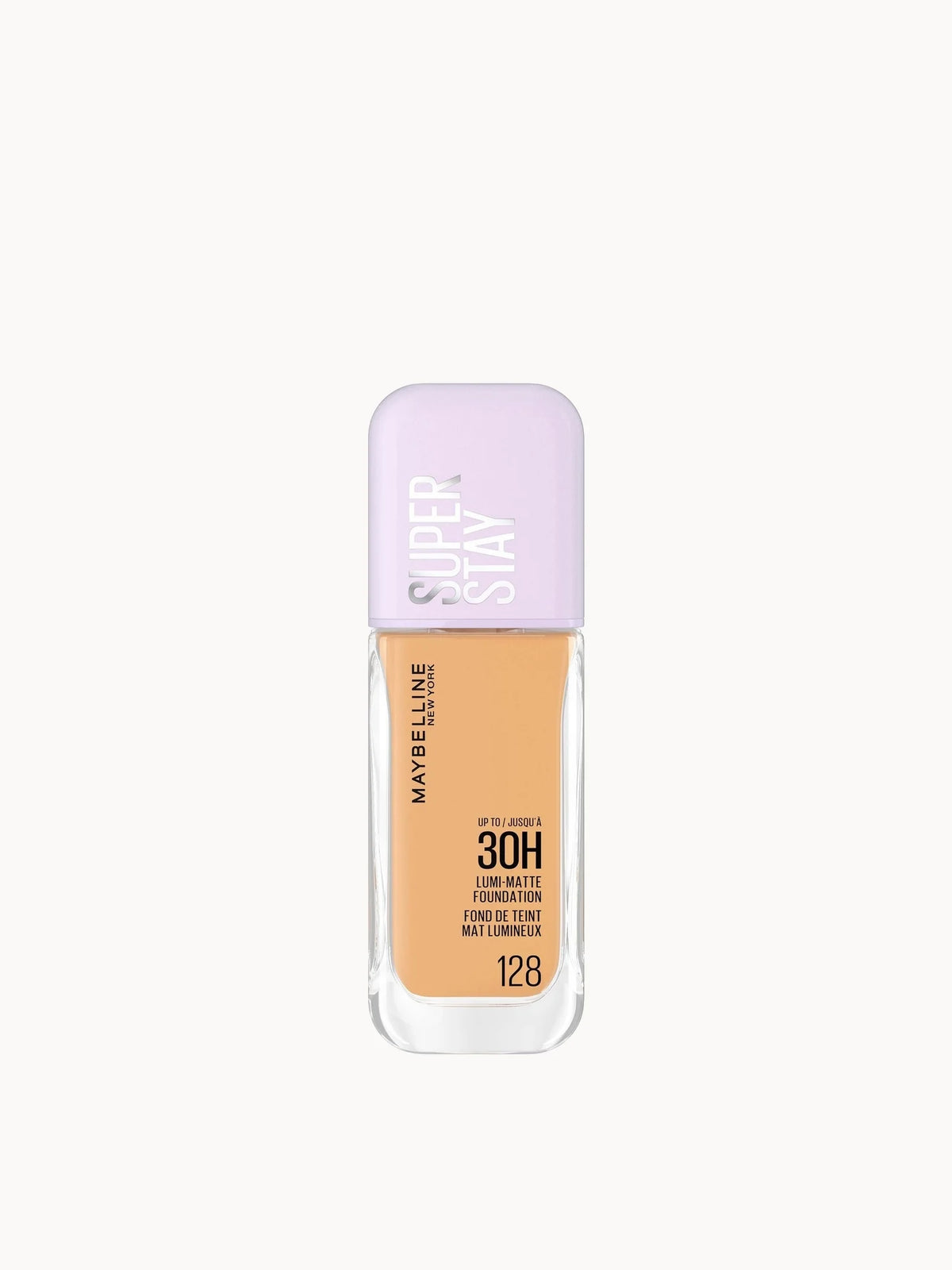 Maybelline Super Stay up to 30H Lumi-Matte Foundation - 128, glass bottle with black pump dispenser and Maybelline Super Stay branding