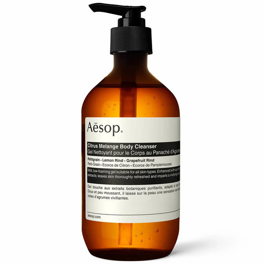 Aesop Citrus Melange Body Cleanser 500ml bottle – amber-toned packaging with minimalist black-and-white label, designed for gentle body cleansing with a fresh citrus scent.