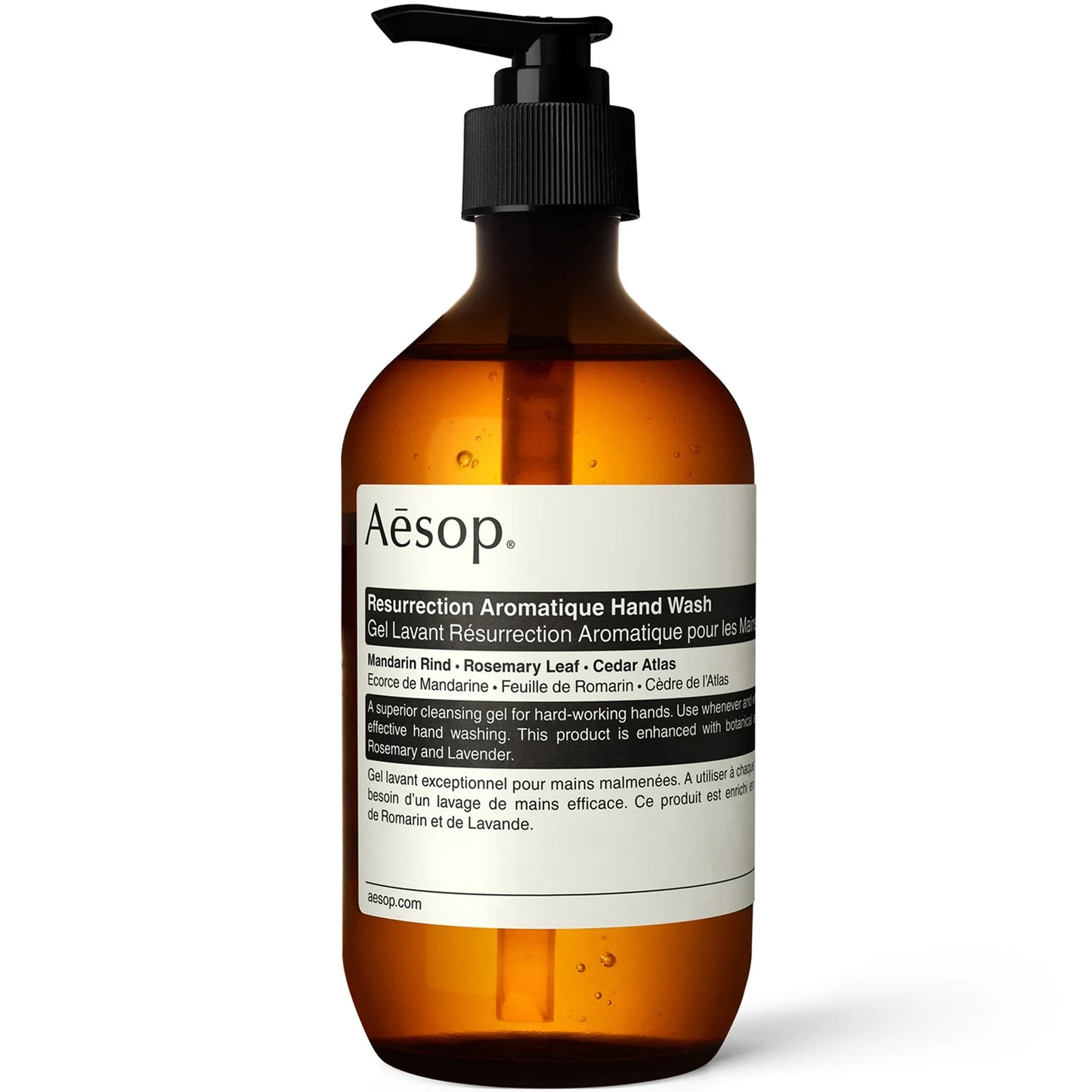 Aesop Resurrection Hand Wash 500ml, amber pump bottle with minimalist cream and black label, made with botanical extracts 