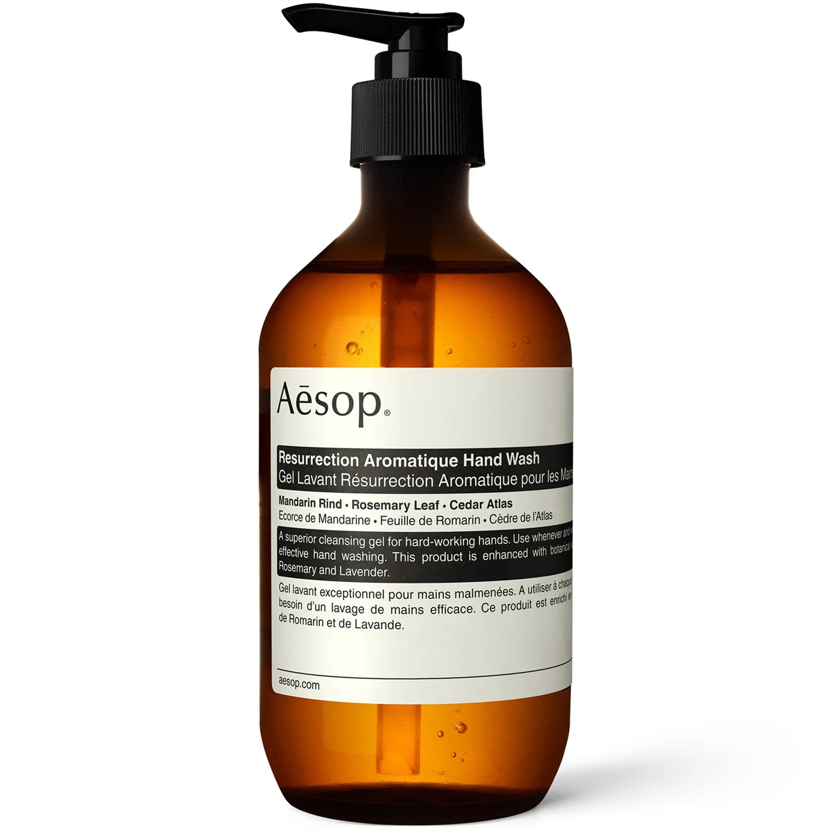 Aesop Resurrection Hand Wash 500ml, amber pump bottle with minimalist cream and black label, made with botanical extracts 