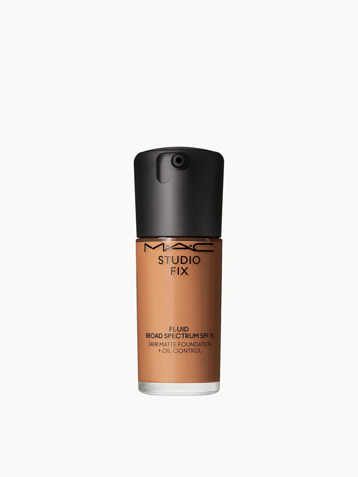 MAC Studio Fix Fluid Broad Spectrum SPF15 Foundation - NW35, black glass bottle with black cap and silver MAC logo