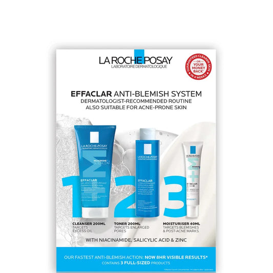 La Roche-Posay Effaclar 3-Step Anti Blemish System 440ml set with cleanser, toner and treatment tubes displayed together