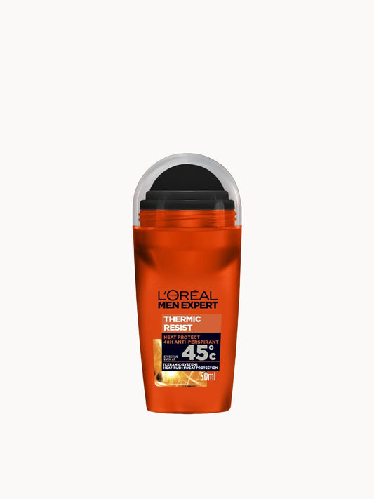 L'Oréal Men Expert Thermic Resist 48H Roll On Anti-Perspirant Deodorant 50ml, clear roll-on bottle with black cap and L'Oréal Men Expert branding