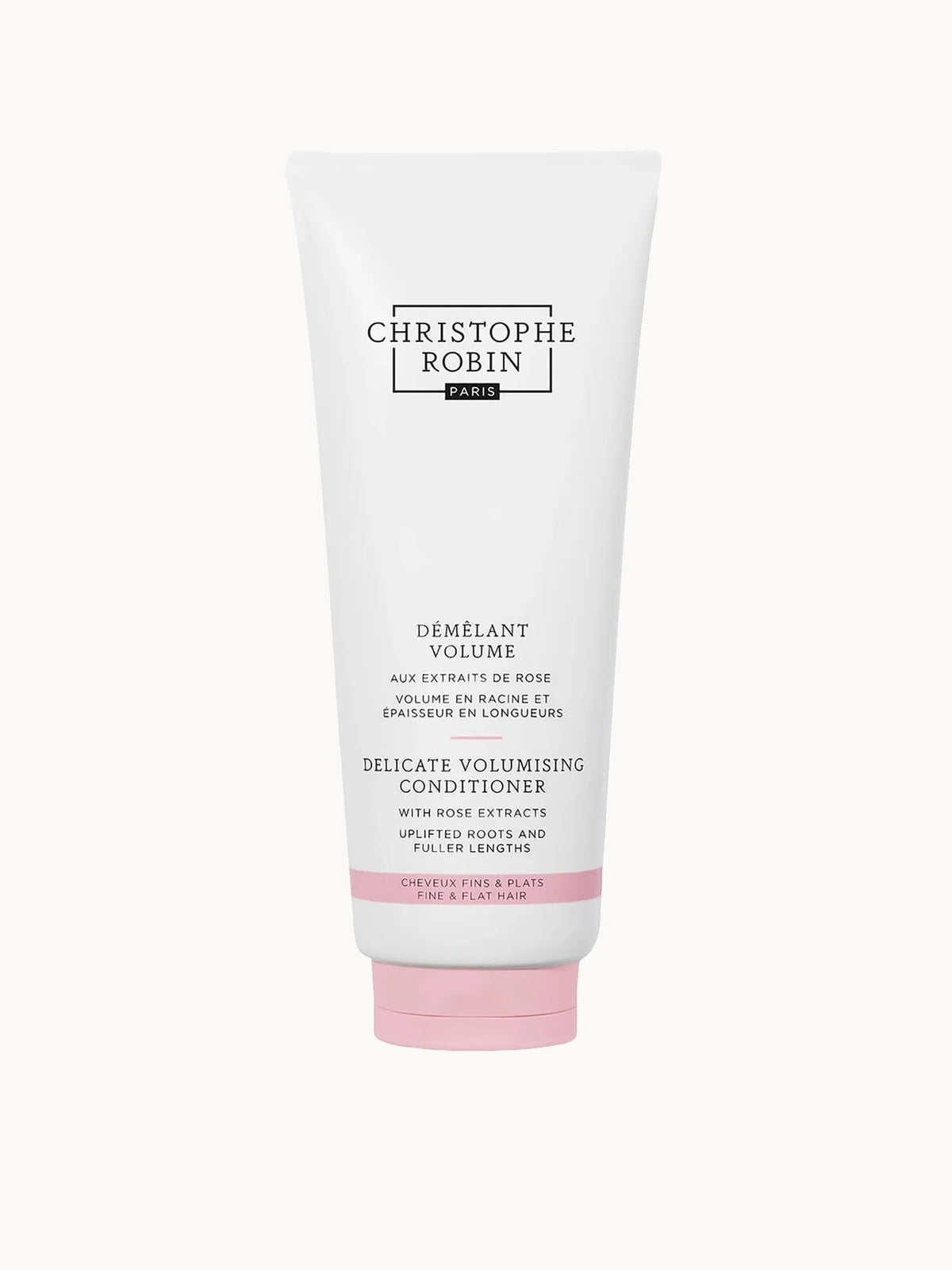 Christophe Robin Delicate Volumising Conditioner with Rose Extracts 200ml, pale pink tube with white cap and Christophe Robin rose-branded label