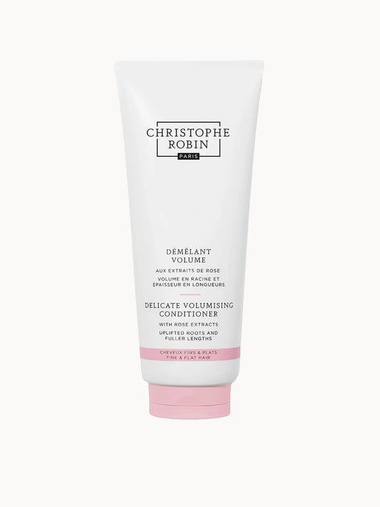 Christophe Robin Delicate Volumising Conditioner with Rose Extracts 200ml, pale pink tube with white cap and Christophe Robin rose-branded label