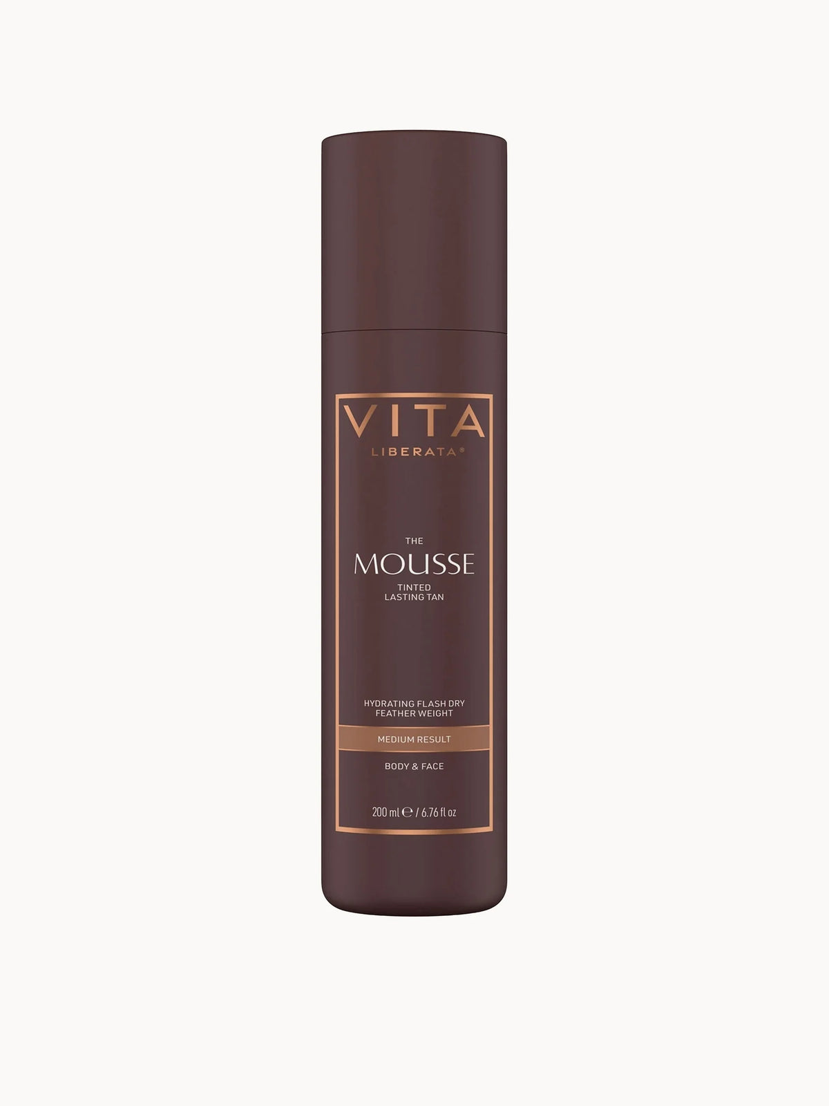 Vita Liberata Tinted Tanning Mousse 200ml, clear pump bottle with black cap and Vita Liberata branding
