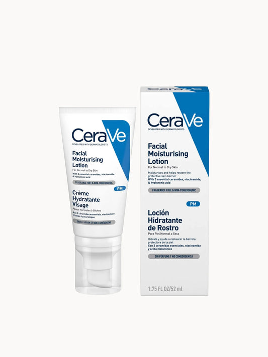 CeraVe PM Facial Moisturising Lotion with Ceramides for Normal to Dry Skin 52ml, small white bottle with orange pump cap and CeraVe PM branding