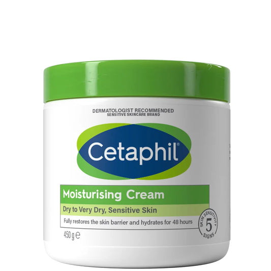 Cetaphil Moisturising Cream 450g tub with blue lid, suitable for dry and sensitive skin hydration.