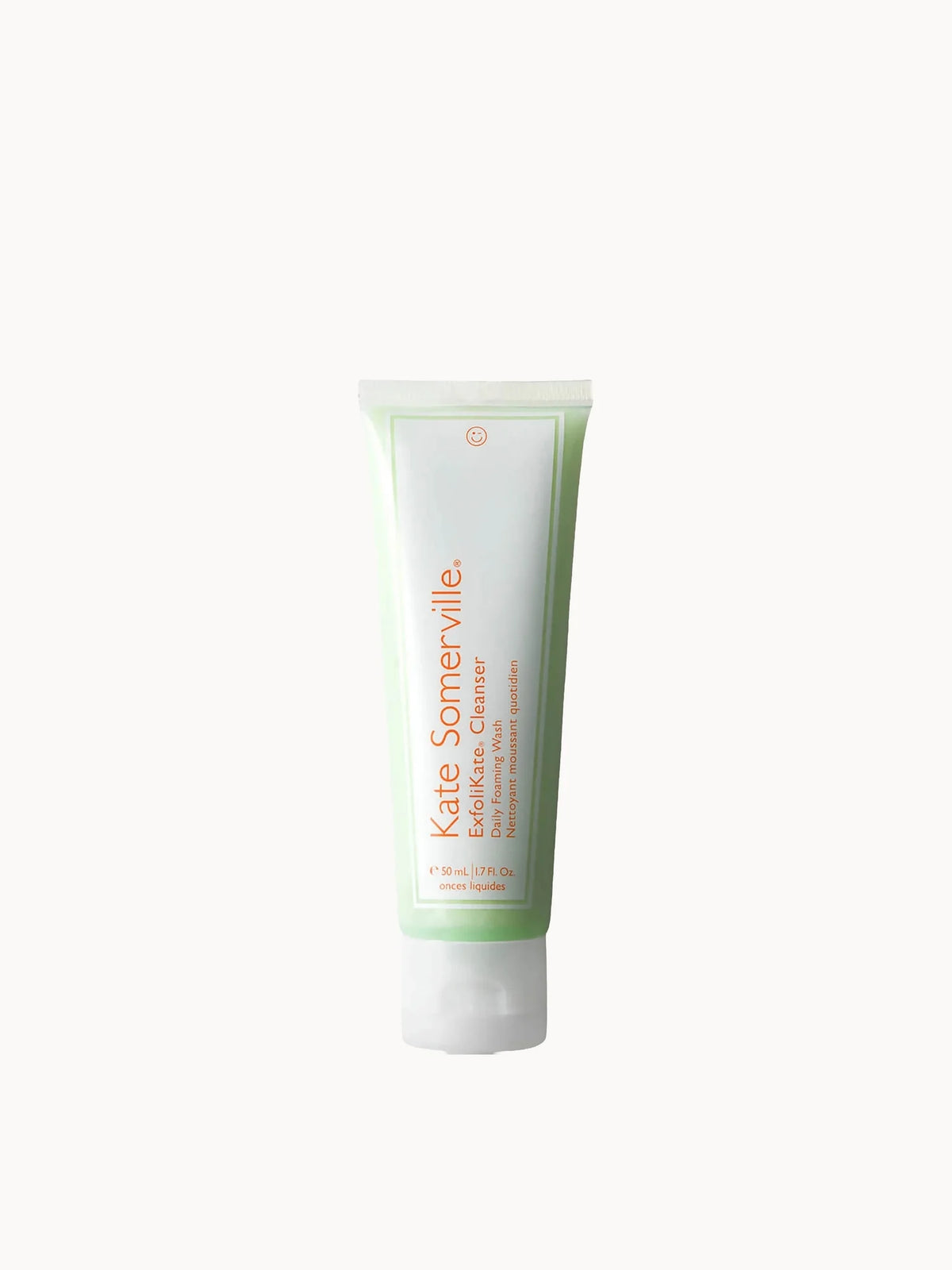 Kate Somerville ExfoliKate Cleanser 50ml, white squeeze tube with pink and orange lettering and a flip-top cap