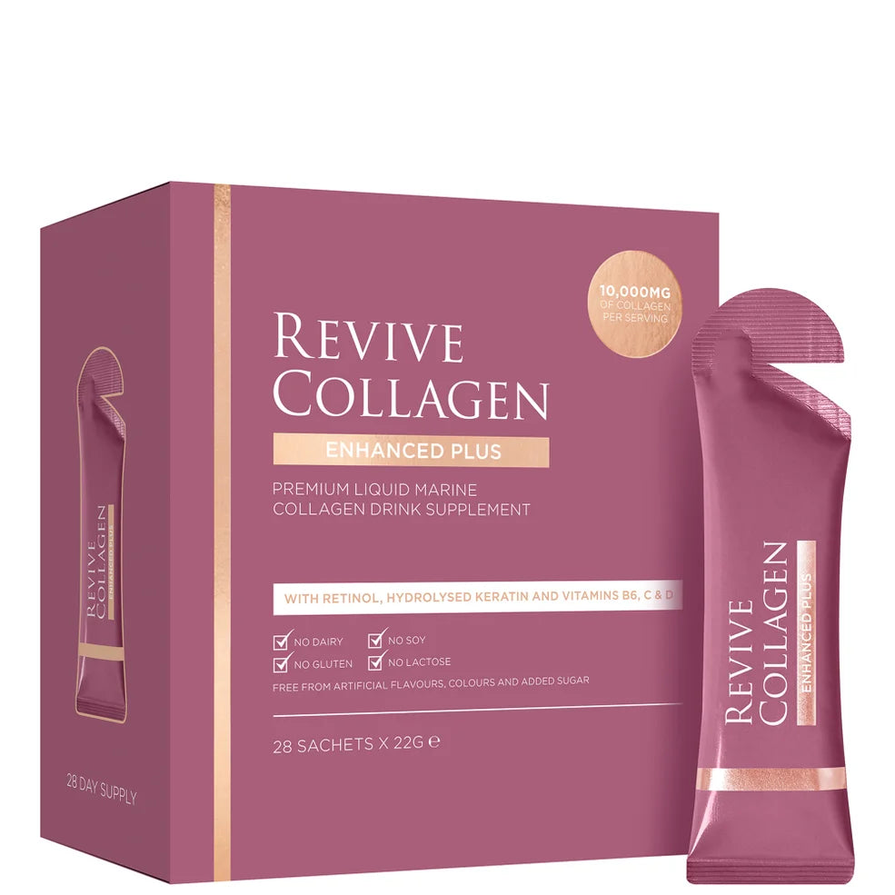 Revive Collagen Enhanced Plus 28-day sachets, liquid hydrolysed marine collagen supplement.