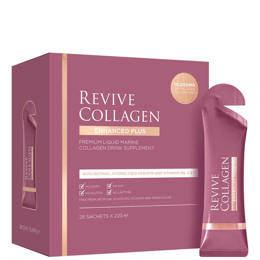 Revive Collagen Enhanced Plus 28-day sachets, liquid hydrolysed marine collagen supplement.