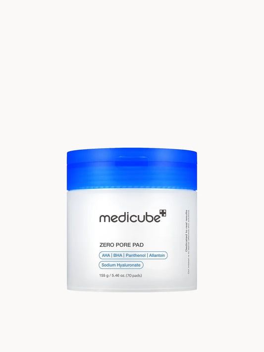 Medicube Zero Pore Pad 2.0 dual-textured toner pads in a white plastic tub with a screw-top lid