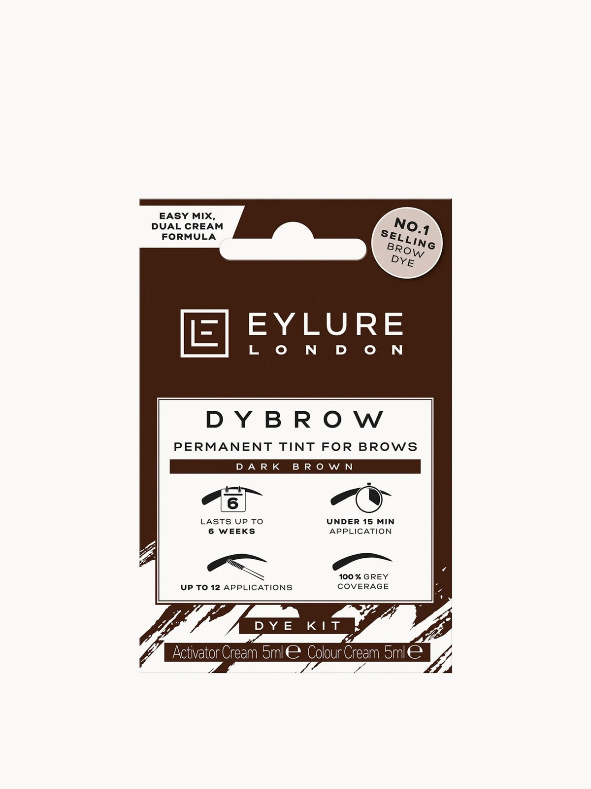 Eylure Dybrow Brow Dye - Dark Brown, small box with dye tube, activator and brush, Eylure Dybrow branding