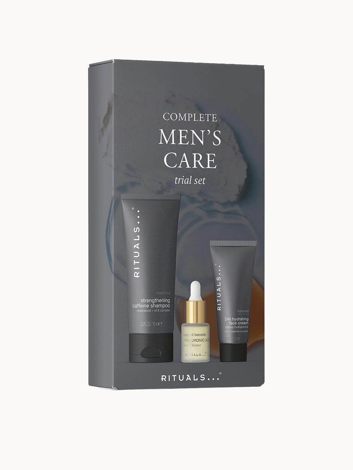Rituals Homme Collection Men's Daily Routine Skin Care Set, three travel-size items in grey packaging