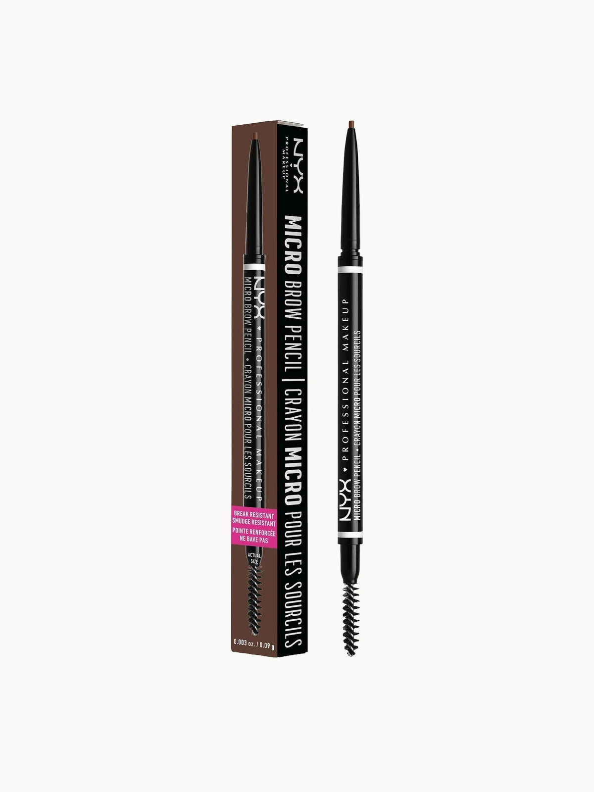 NYX Professional Makeup Micro Brow Pencil - Chocolate, slim black pencil with spoolie brush end and NYX Professional Makeup logo