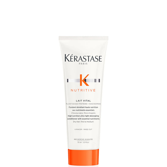 Kérastase Nutritive Lait Vital Conditioner 75ml, pink pump bottle with black cap and Kérastase Nutritive branding