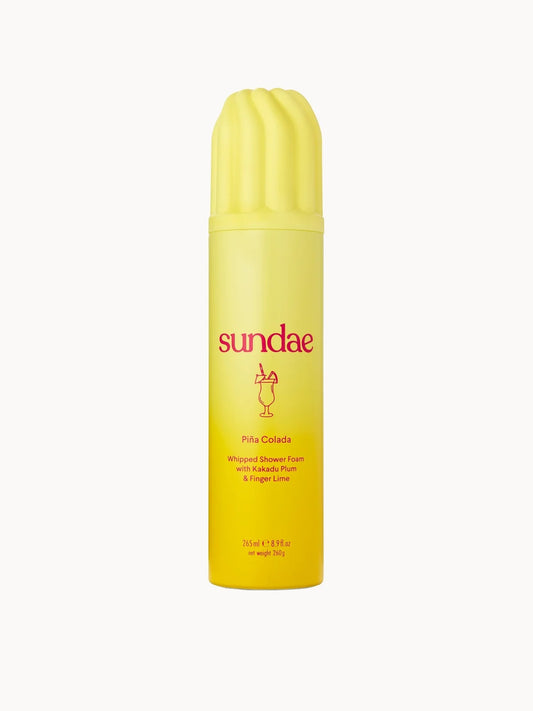 Sundae Piña Colada Whipped Shower Foam 265ml, aerosol can of whipped shower foam with tropical cocktail design