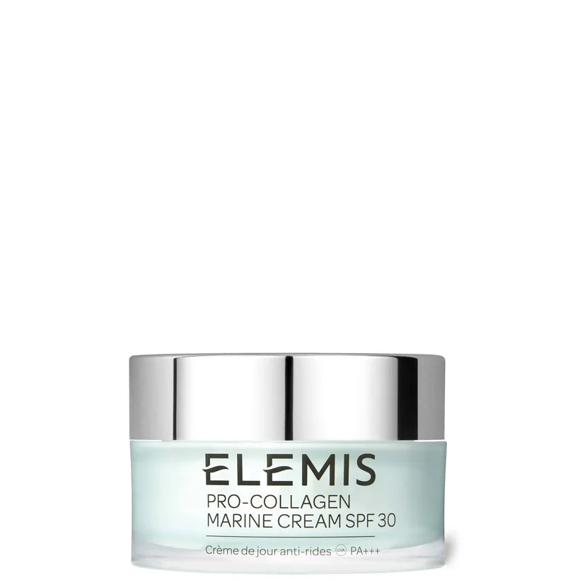 Elemis Pro-Collagen Marine Cream SPF 30 50ml frosted glass jar with silver lid and green Elemis label