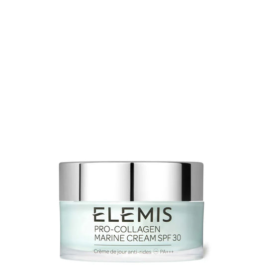 Elemis Pro-Collagen Marine Cream SPF 30 50ml frosted glass jar with silver lid and green Elemis label