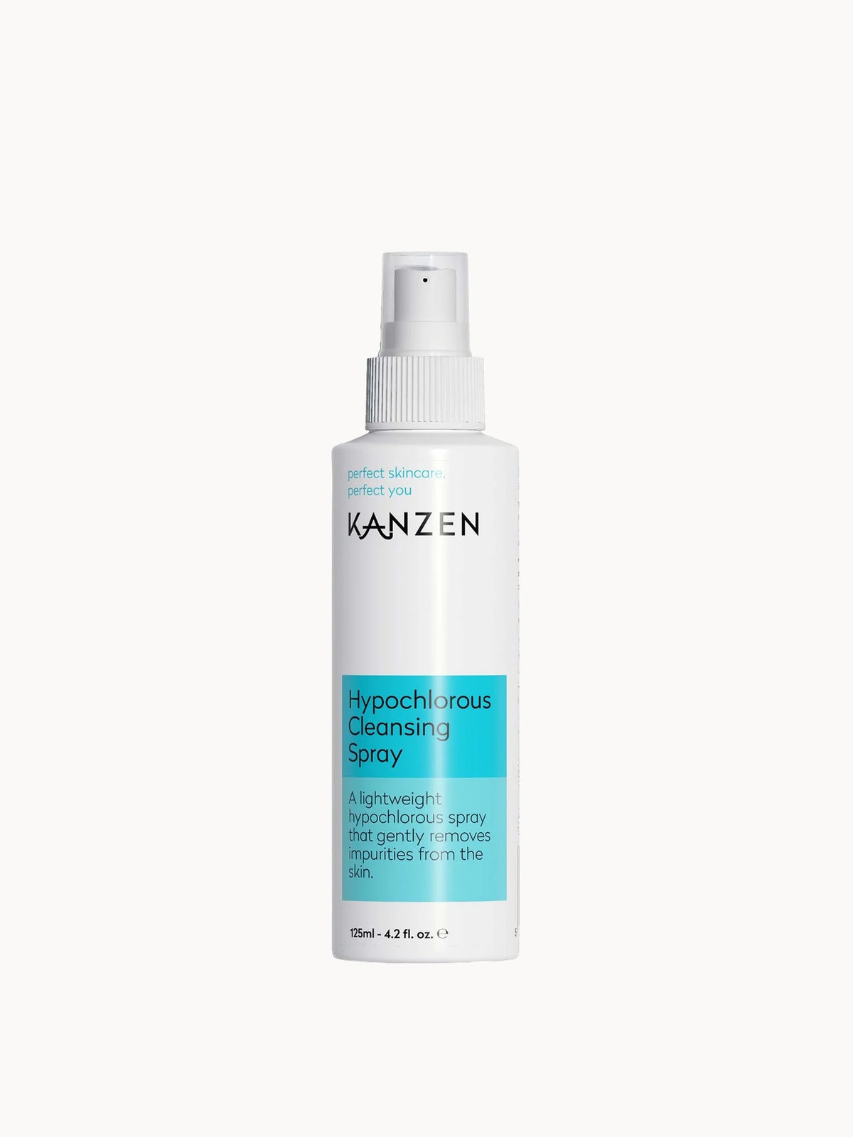 Kanzen Hypochlorous Cleansing Spray 125ml, clear plastic spray bottle with white nozzle and blue label