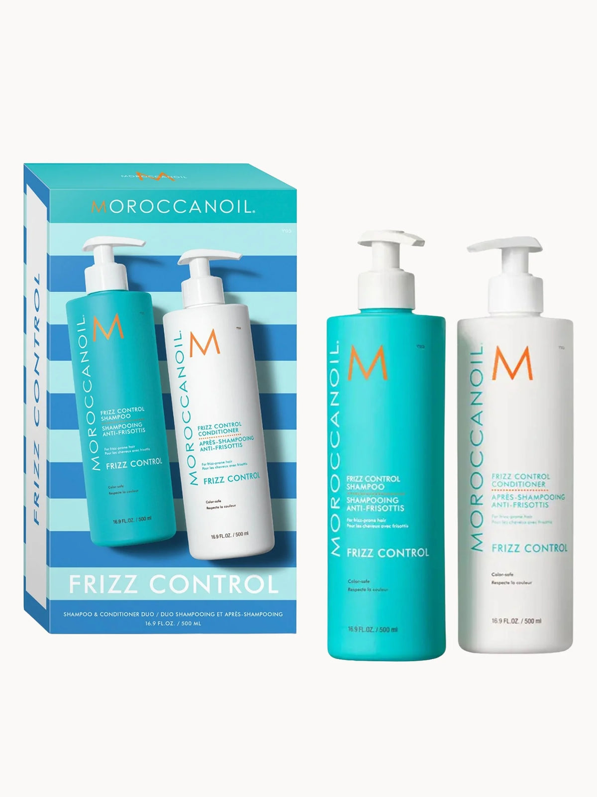 Moroccanoil Frizz Control Shampoo and Conditioner 500ml Duo, two matching bottles with black caps and Moroccanoil branding