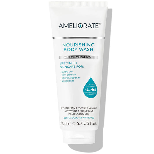 AMELIORATE Nourishing Body Wash 200ml, white squeeze tube with blue accents, designed to gently cleanse and soften dry, rough skin
