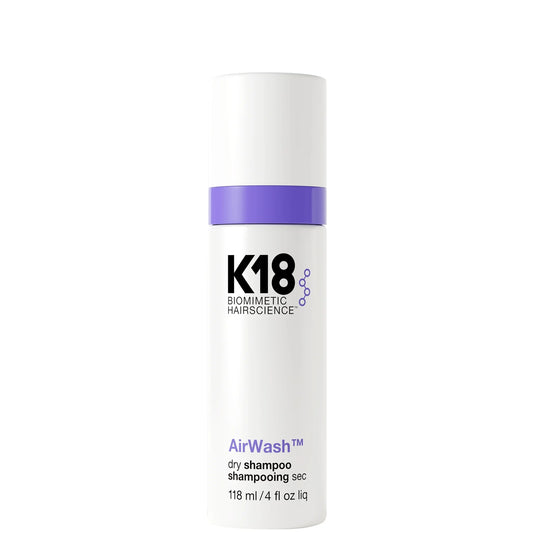 K18 AirWash Dry Shampoo 118ml – scalp-balancing dry shampoo with odorBIND complex, translucent microbeads and hydrolysed hyaluronic acid.