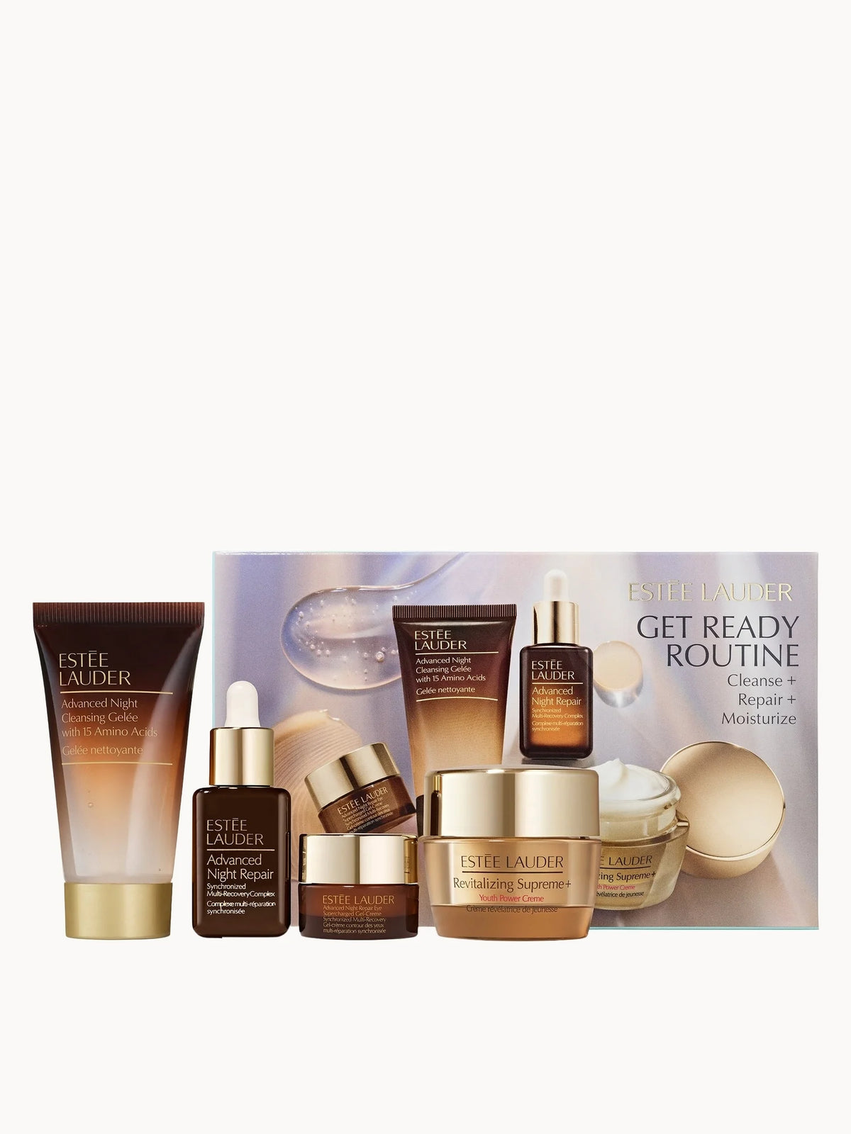 Estée Lauder Get Ready Routine Skincare Gift Set, four small brown and gold travel-size skincare tubes and jars
