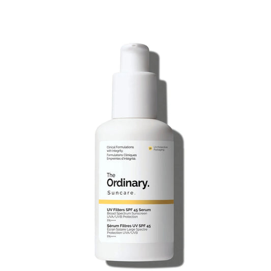 The Ordinary UV Filters SPF 45 Sun Protection Serum in a white plastic bottle with dropper-style cap and simple black text label.