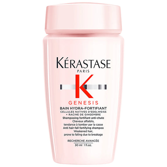 Kérastase Genesis Bain Hydra-fortifant Shampoo 30ml – Mini white shampoo bottle strengthening hair and reducing breakage.