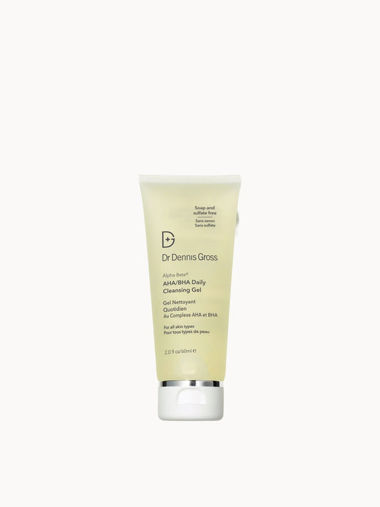Dr. Dennis Gross Alpha Beta AHA/BHA Daily Cleansing Gel 60ml, facial cleanser pack with Dr. Dennis Gross branding