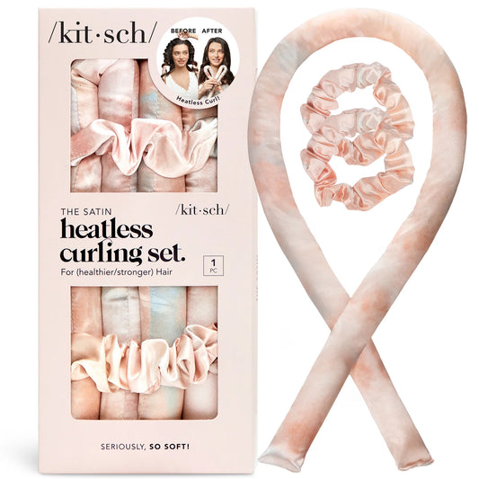 Kitsch Satin Heatless Curling Set – soft satin curling rod and scrunchies in pastel sunset tones, designed to create curls without heat