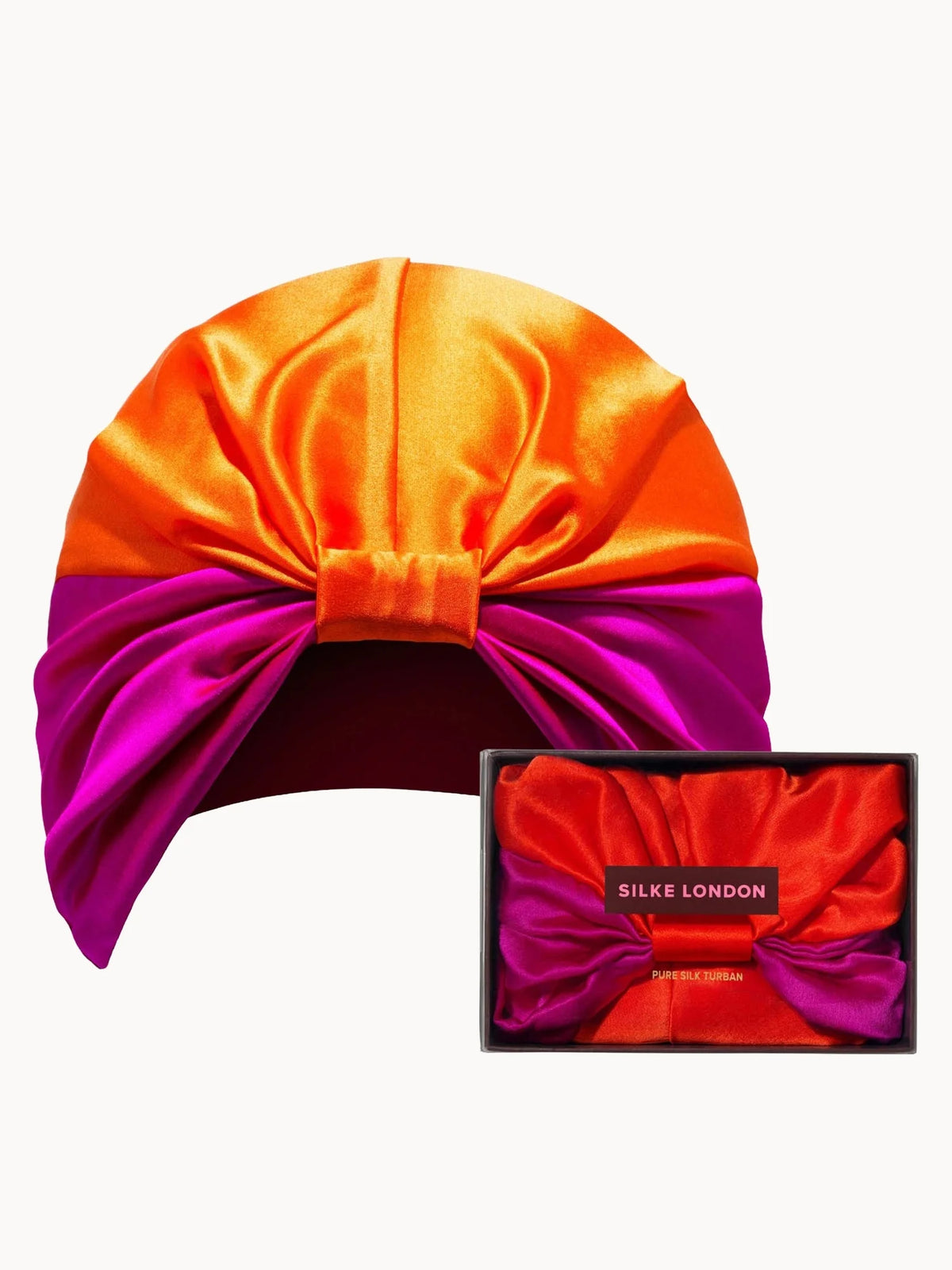 Silke London Wrap Bonnet The Poppy, pink and orange silk hair wrap with front knot detail