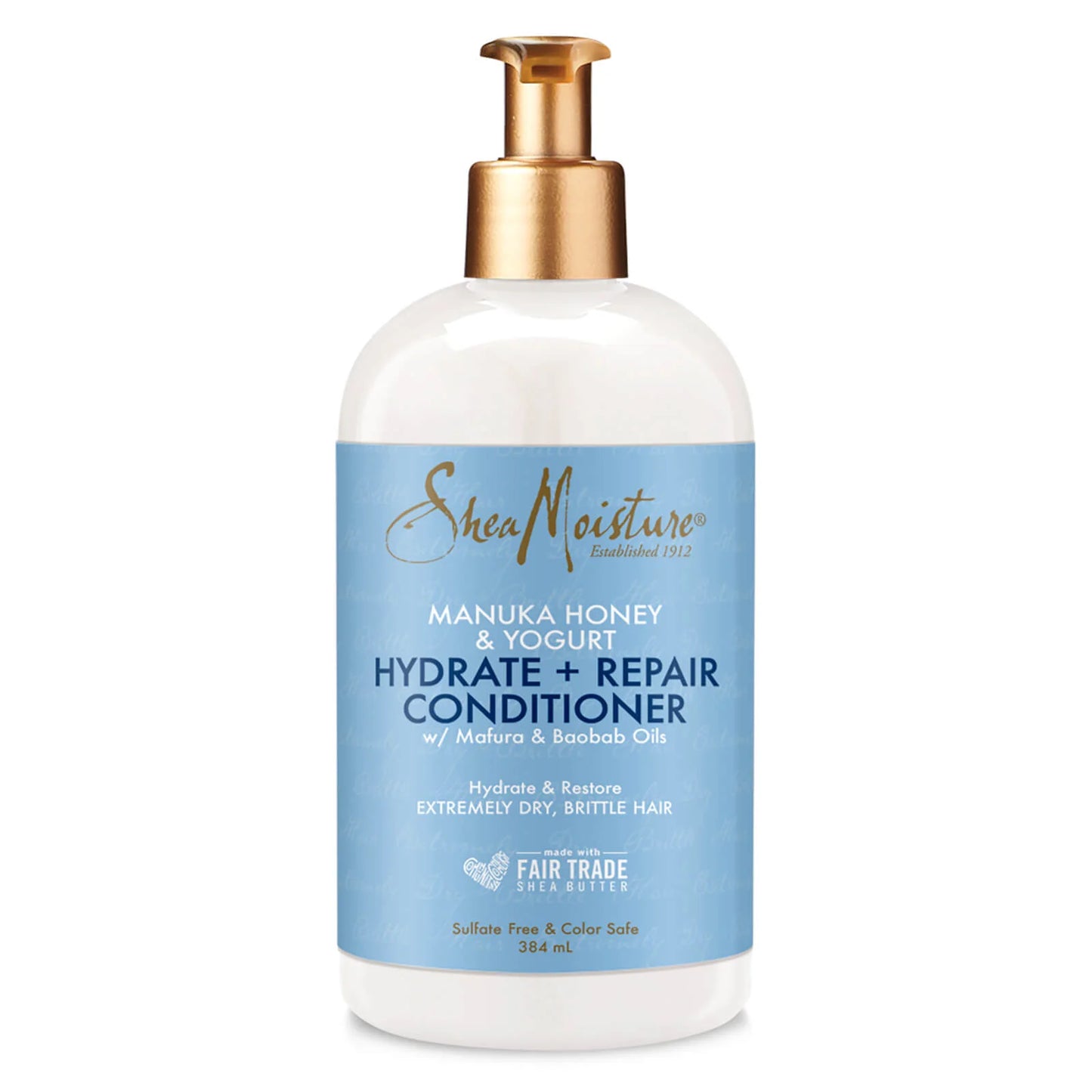 Shea Moisture Manuka Honey & Yogurt Hydrate & Repair Conditioner 384g, creamy blue bottle with gold flip-top cap, formulated to strengthen and moisturise damaged or brittle hair