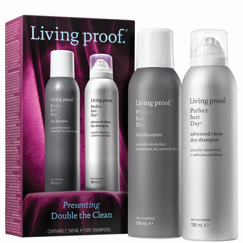 Living Proof Presenting Double the Clean haircare duo set with two Living Proof shampoo bottles displayed side by side in branded packaging