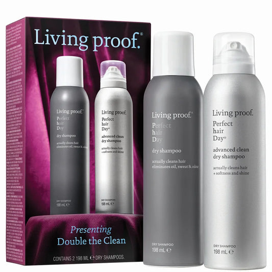 Living Proof Presenting Double the Clean haircare duo set with two Living Proof shampoo bottles displayed side by side in branded packaging