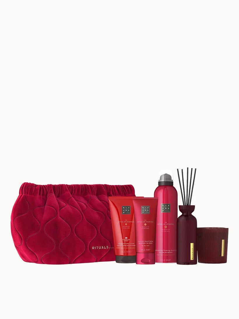 RITUALS The Ritual of Ayurveda Sweet Almond & Indian Rose Large Gift Set with multiple Rituals bath and body products presented in red patterned gift box