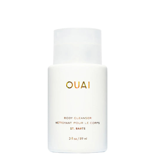 OUAI St Barts Body Cleanser Travel Size 89ml, small cream-coloured squeeze tube with a flip cap and OUAI St Barts branding
