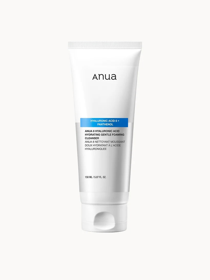 Anua 8 Hyaluronic Acid Hydrating Gentle Foaming Cleanser 150ml white tube with minimal blue text and flip cap