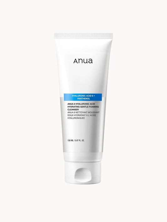 Anua 8 Hyaluronic Acid Hydrating Gentle Foaming Cleanser 150ml white tube with minimal blue text and flip cap