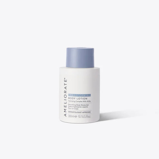 AMELIORATE Transforming Body Lotion 300ml white pump bottle with green accents shown upright on plain background