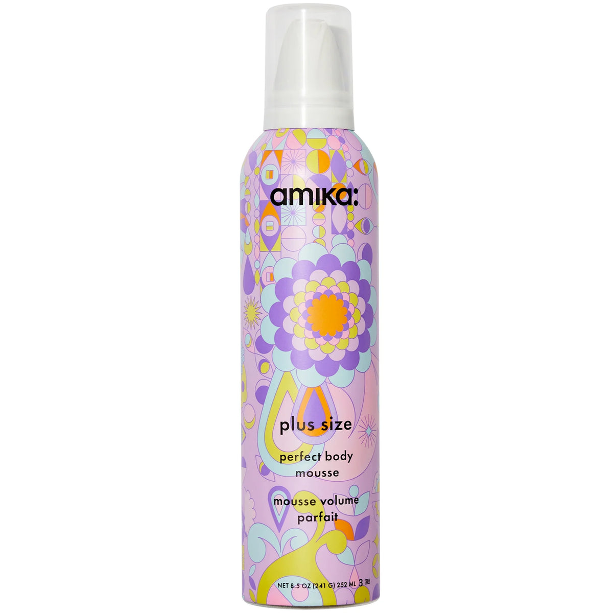 Amika Plus Size Perfect Body Mousse 252ml, clear tube with pink cap and Amika lightning-bolt branding