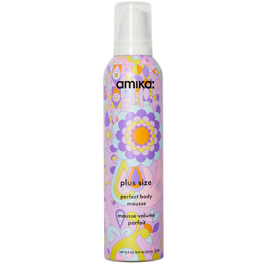 Amika Plus Size Perfect Body Mousse 252ml, clear tube with pink cap and Amika lightning-bolt branding