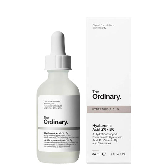 The Ordinary Hyaluronic Acid 2% + B5 60ml, clear glass dropper bottle with black cap and minimalist white label