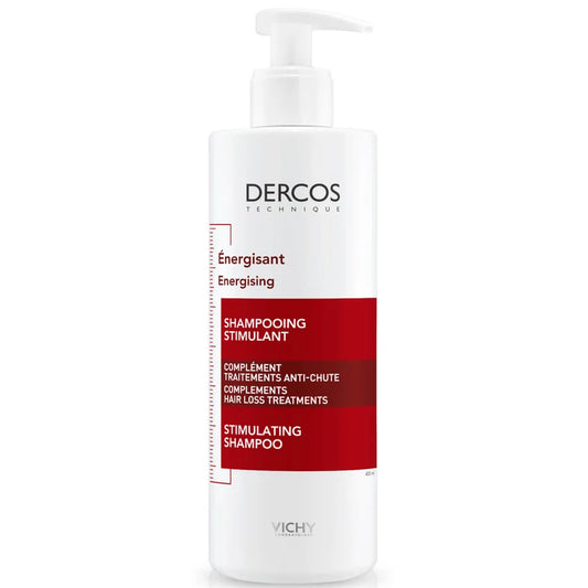 VICHY Dercos Energising Shampoo 400ml white bottle with red accents and flip top cap