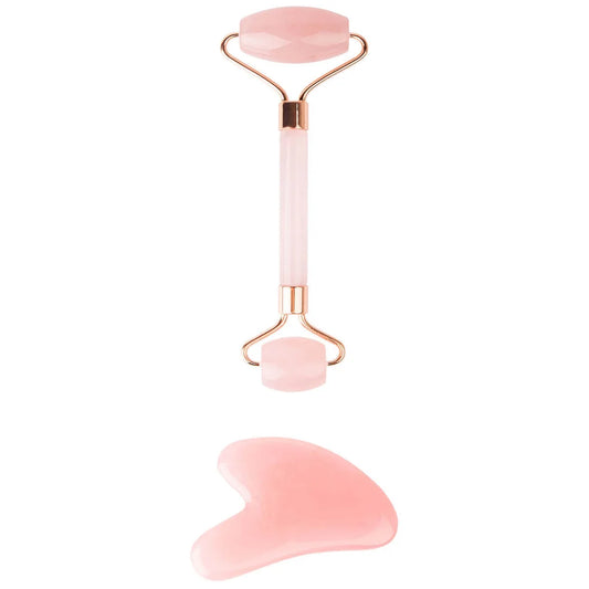 Rose quartz roller and gua sha facial massage set