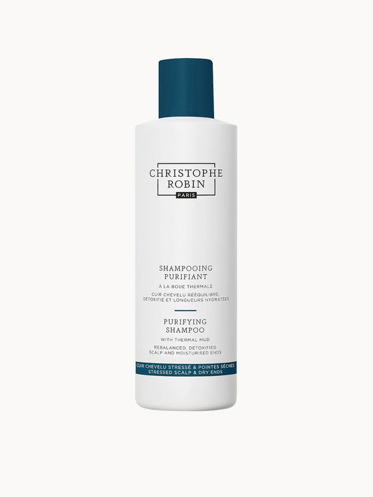 Christophe Robin Purifying Shampoo with Thermal Mud 250ml, white bottle with green label and screw cap
