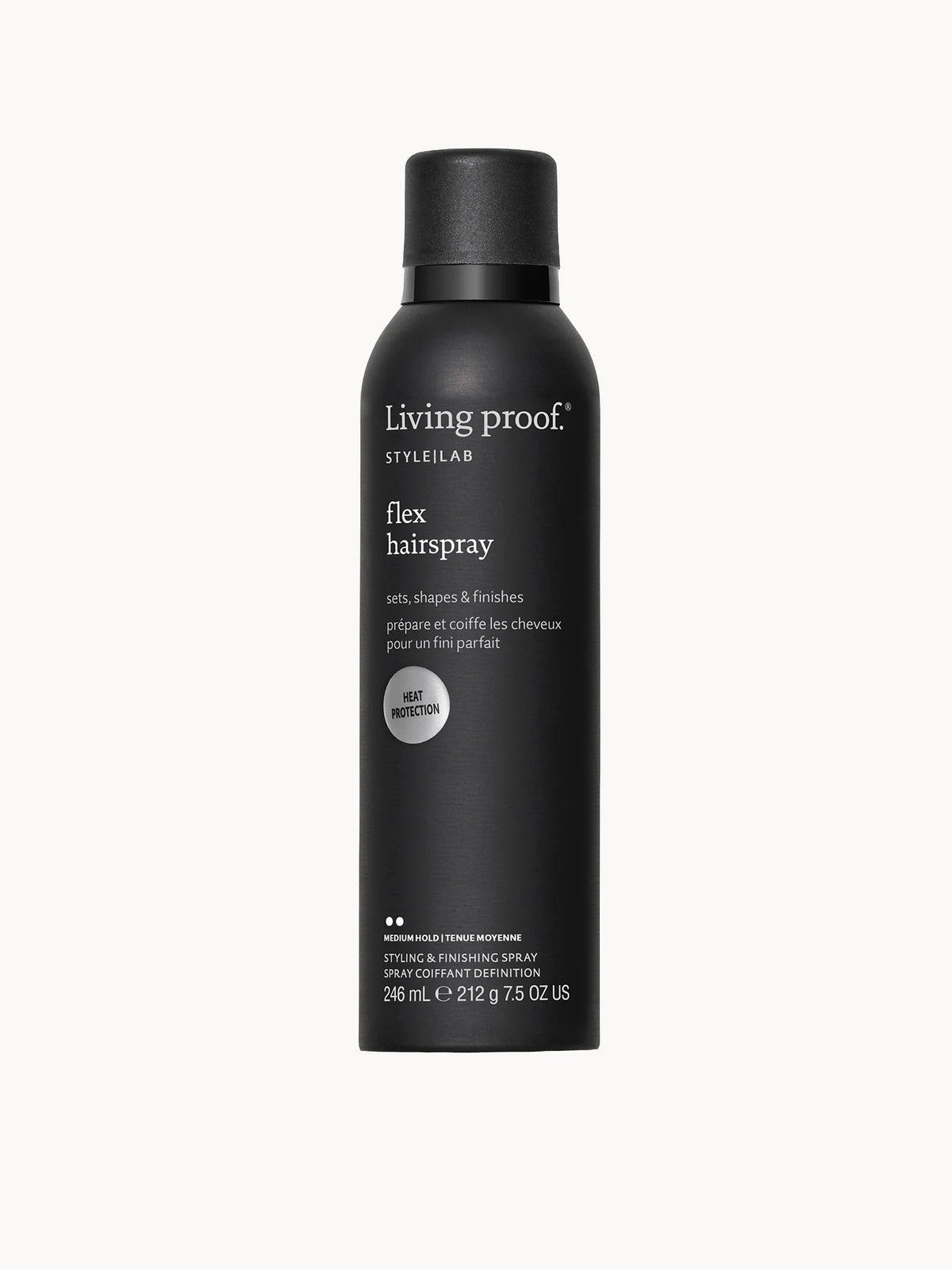 Living Proof Exclusive Style Lab Flex Hair Spray 246ml, clear aerosol can with black cap and Living Proof Style Lab branding